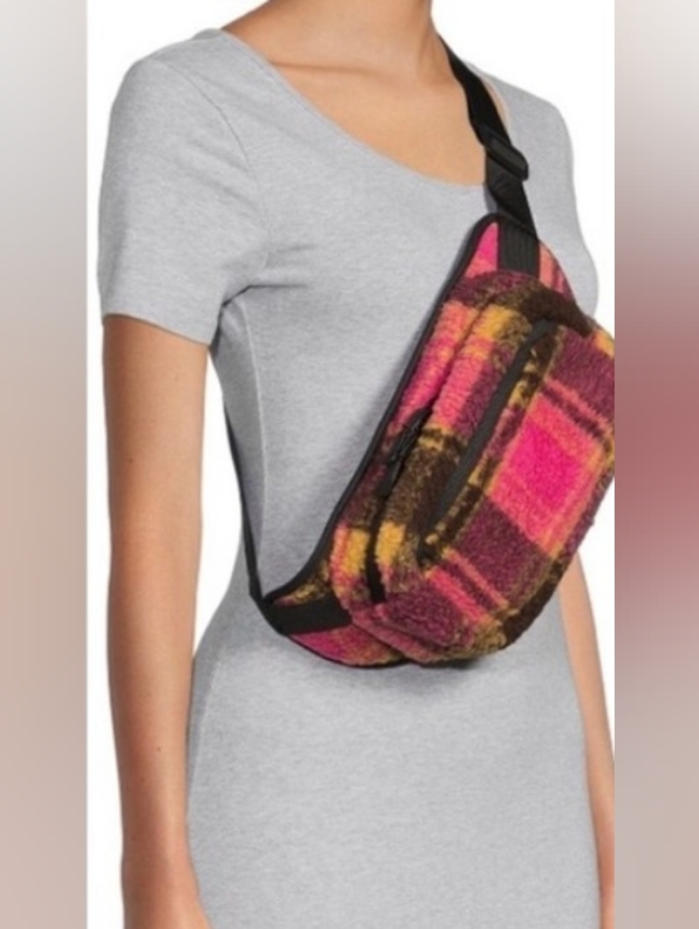 NWOT Shabby Chic Plaid Faux Sherpa Crossbody Belt Bag - Multi Colored Women's